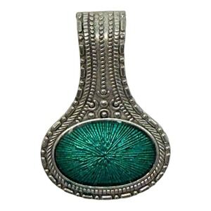 Silver Tone Teardrop Pendant Green Enamel Cabochon Wide Statement Jewelry
